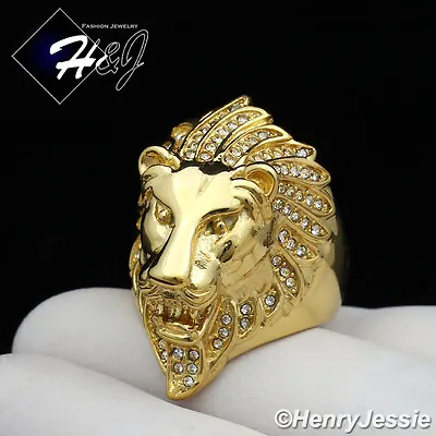 MEN's Stainless Steel BLING Cubic Zirconia Gold Plated Lion King Face Ring*GR111 • $17.99