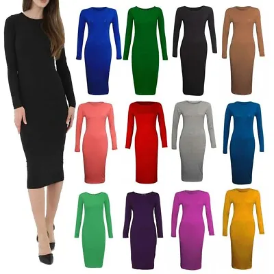 £8.49 • Buy Ladies Womens Long Sleeve Stretch Bodycon Plain Jersey Midi Dress 8-26