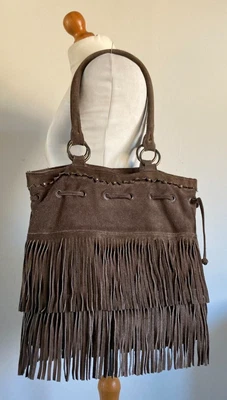 £44.99 • Buy Vintage Large Brown Suede Fringed Shoulder Tote Bag - Boho Hippie