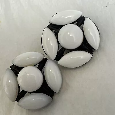 Quality Vintage Milk Glass Clip On Black Toned Earrings With Open Backs • $0.99