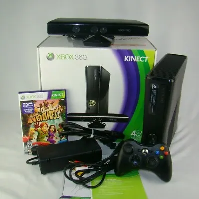 Microsoft Xbox 360 S Kinect Adventures 4GB Black Console Bundle W/ Kinect & Box • $107.96