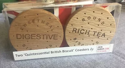 2 X Solid Oak ‘Quintessential’ British Biscuit Coasters. • £12