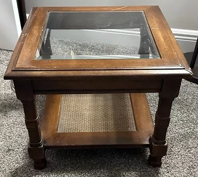 Vintage End Side Table Glass Top Wood With Cane Shelf 18  Square • $89.99