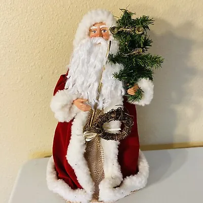 Vintage Santa Claus 16  Figure Velvet Coat Fleecy Trim Tree Wreath Christmas • $16.49