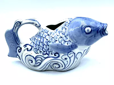 Blue White Ceramic Koi Fish Pitcher Vase Jug Chinese Style 7” H Figural • $22