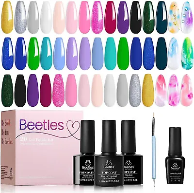 Beetles Gel Polish 20 Colors Gel Nail Kit With 3Pcs Gel Base And Top Coat Glossy • £35.99