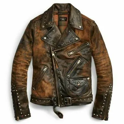 Mens Leather Jacket Brown Black Punk Full Silver Spiked Studded Zippered Jacket • $160