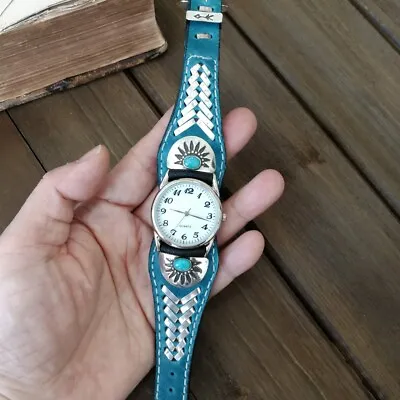 Navajo Frank Armstrong Blue Leather Sterling Silver Turquoise Men Women Watch • $145