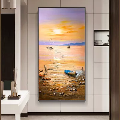Mintura Handmade Boat Landscape Oil Painting On Canvas Large Wall Art Home Decor • £43.05
