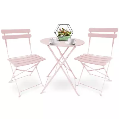 Bistro Table And Chairs Set Of 3 Metal Foldable Garden Patio Balcony Dining Fur • £148.61