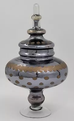 Mercury Glass Lidded Apothecary Jar Silver W Etched Copper Accent Clear Base 12  • $38