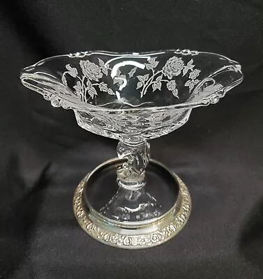 Vintage HEISEY ROSE Crystal Oval Comport 6 X7  Stemmed Bowl With Sterling Base • $49