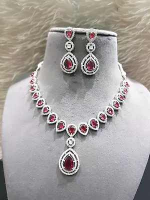 Indian Bollywood Silver Plated Ethnic AD CZ Jewelry Earrings Necklace Bridal Set • $21.35