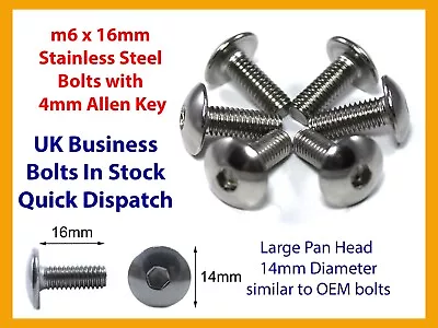 £4.99 • Buy 6x Stainless Steel Bolt M6 X 16mm Fairing Screw Big Pan Head For Honda Allen Key