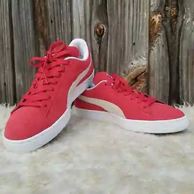 Puma Men Classic Sneaker 8.5 Red Suede Leather White Low Top Shoe Pumas EUC • $38