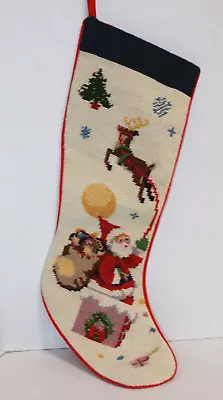 Vintage Needlepoint Santa In Chimney With Reindeer Christmas Stocking • $10.99