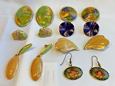 Cloisonne Enamel Earring Lot Costume Jewelry Multicolor Floral Pierced & Clip-On • $29.95