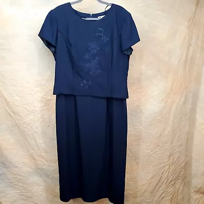 RJ & Co Dress Women 16 Blue Embroidered Zip Classic Wedding Formal Long VTG • $10.43