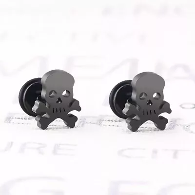 Mens Black Skull Crossbones Screw Back Ear Stud Earrings Punk Retro Rock Jewelry • $8.99