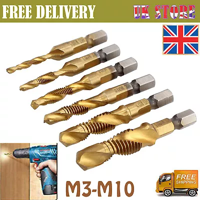 £8.99 • Buy 6PCS Combination HSS Drill Bit 1/4  Hex Shank Tap Set M3 M4 M5 M6 M8 M10 Gold