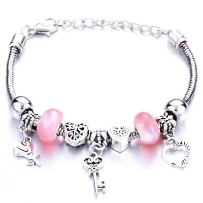 Crystal Charm Bracelets Silver Love Heart Key Bracelet Women Ladies Bead Gift • £5.50