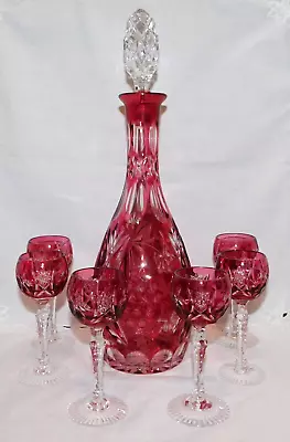 Vintage Nachtmann Cranberry Cut To Clear Crystal Decanter & 6 Cordials • $129.99