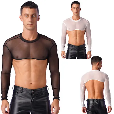 Mens Tee Round Neck Tops Mesh Crop Top Tank Fishnet Half See-Through Clubwear • £11.75