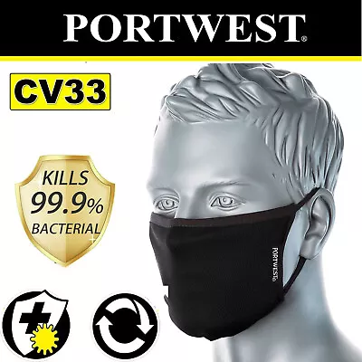 CV33 Portwest 3 Layer Fabric Face Mask Anti Microbial Soft Reusable Washable SYD • $4.99