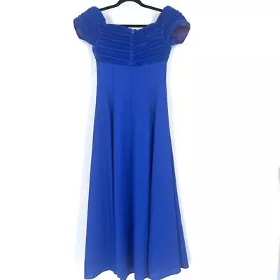 Vintage Off Shoulder Union Made Maxi Blue Ball Gown Prom 70s Pleated 9 -10 Small • $26.07