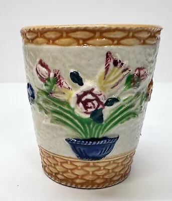 Antique Majolica Tea Cup Basket Weave Flowers Japan 3” High • $12