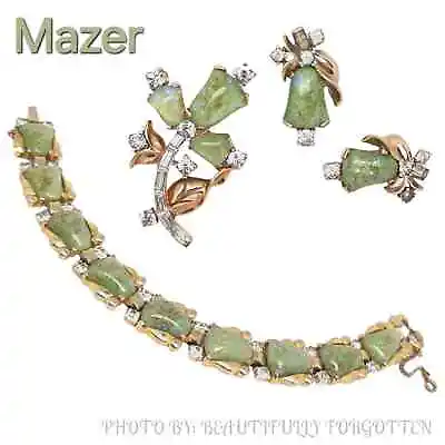 Signed Mazer Bros Green Gold Rhinestone Demi Parure Bracelet Brooch & Earrings • $1100