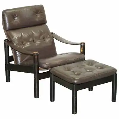 Lovely Danish Brown Leather Mid Century Modern Armchair & Chesterfield Footstool • $933.83