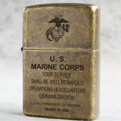 Zippo Lighter 201FB Antique Brass/ US Marine Corps Symbol Free 3 Gifts New • $75.95