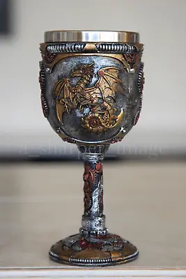 Steampunk Dragon Wine Goblet Chalice Hand-Painted Metal & Stone Finish Superb! • $18.65