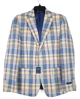 Club Room Men's Classic-Fit Linen Blend Sport Coat Yellow/Blue Plaid 42L NWT • $44.96