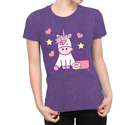 1Tee Womens Unicorn Drinking Juice And Eating Donut T-Shirt • £7.99