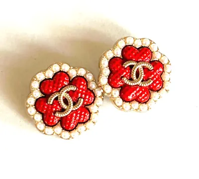 CHANEL Vintage Gold Metal Button Red Flower White Pearls 23 Mm (Set Of 2) • $40