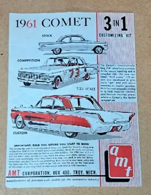 HTF 1961 AMT SMP Mercury Comet 3 In 1 Customizing Kit Original Instruction Sheet • $12.95