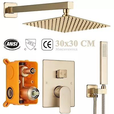 Brushed Gold Concealed Shower Mixer Set Square Twin Head Combo 2 Way Valve Taps • £75.49