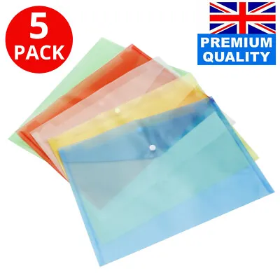 5 X A4 Plastic Wallets Stud Document Wallet Files Folders Filing School Office • £2.95