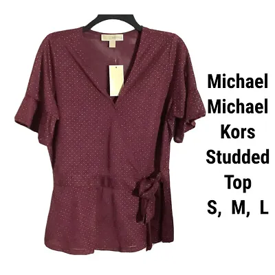 New Michael Michael Kors Top Blouse S M Crossover Front Burgundy Red Gold Studs • $29