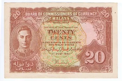 Malaya Board Of Commissioners  Of Currency  Twenty Cents 1941 • $1