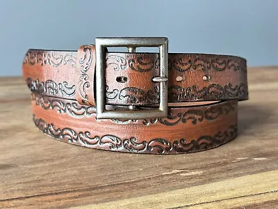 Vintage XL WESTERN Brown Filigree Tooled Thick Leather Belt & Buckle Sz 40-44 • $27.99