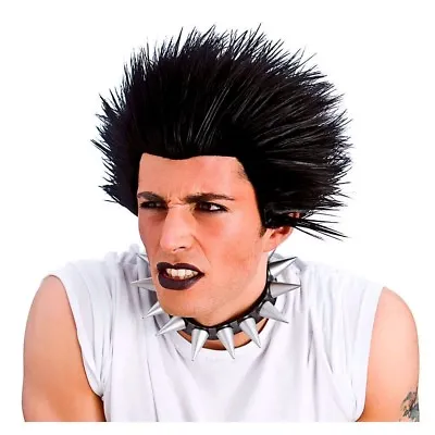 Unisex PUNK WIG Or Choker Rock Black Hair Sid Vicious 80s Fancy Dress Accessory • £12.95