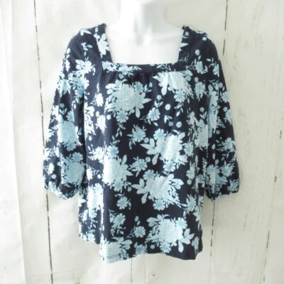 Style & Co Top M Medium Blue Floral 3/4 Sleeve Square Neck Boho Peasant • £14.18