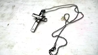 Man Woman Stainless Steel Silver Cross Ring Pendant Chain Necklace • $5