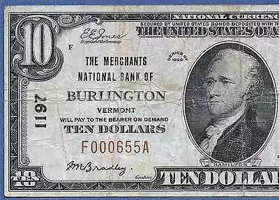 Vt 1929  $10   ♚♚ Burlington Vermont ♚♚  The Merchants Nb • $250