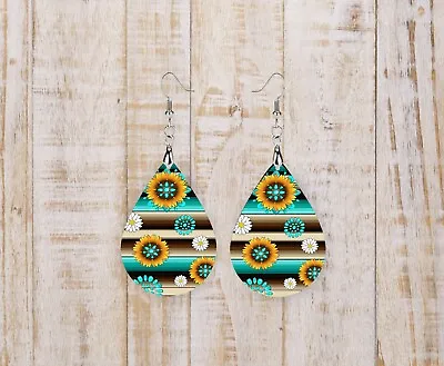 Turquoise Serape Western Handmade Wood Tear Drop Dangle Printed Earrings Jewelry • $14.98