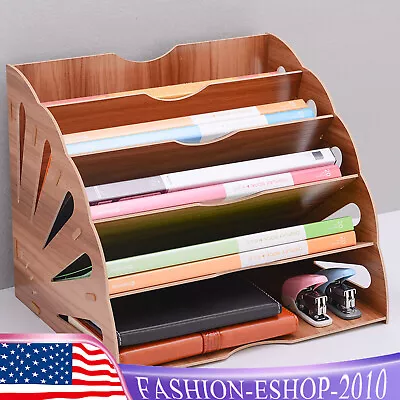 File Holder Wood Magazine Rack Desk Paper Organizer Office Organization 5 Slots • $19.74