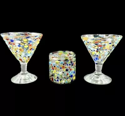 Mexican Textured Confetti Hand Blown Recycled Glass Mini Martini & Shot Glasses • $25.99